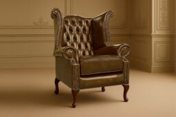 Somnior Leather Chesterfield Wingback Scrolled Arm Chair UK Manufactured in Tan - Size: 1 Seater