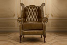 Somnior Leather Chesterfield Wingback Scrolled Arm Chair UK Manufactured in Tan - Size: 1 Seater - thumbnail 2