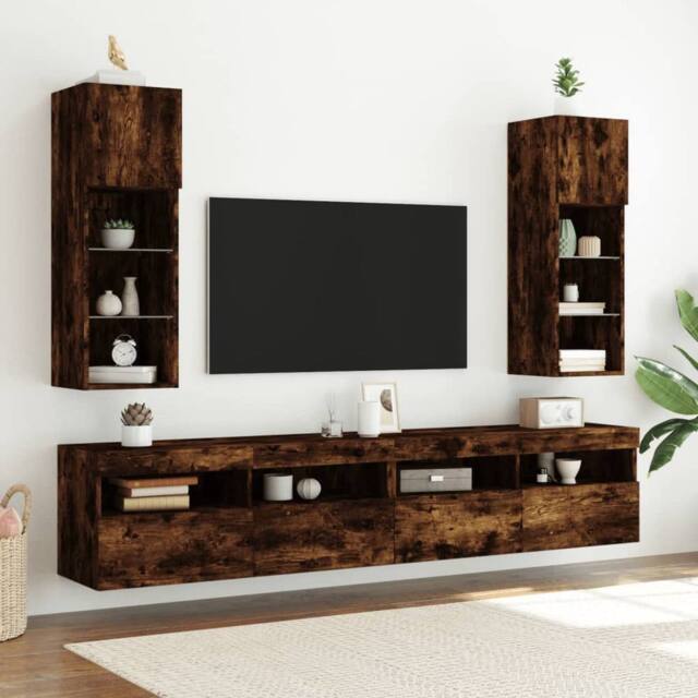 Berkfield Home TV Cabinet with LED Lights Smoked Oak 30.5x30x90 cm in Brown - image 1