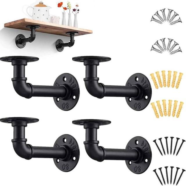 VOGREX 4x Industrial Iron Pipe Shelf Brackets Wall Mount in Black - image 1