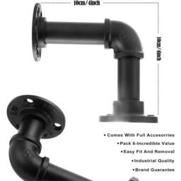 VOGREX 4x Industrial Iron Pipe Shelf Brackets Wall Mount in Black - thumbnail 3