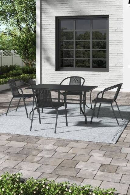 Garden Sanctuary Garden Metal Slatted Dining Coffee Table with 4 Rattan Chairs in Black - Size: Medium