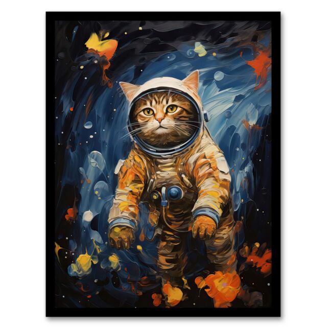 "Artery8 Wall Art Print Ground Control To Ginger Tom Artwork Fun Space Cat Oil Painting Art Framed in Black - Size: W12"" x H16""" - image 1