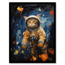 "Artery8 Wall Art Print Ground Control To Ginger Tom Artwork Fun Space Cat Oil Painting Art Framed in Black - Size: W12"" x H16""" - thumbnail 1