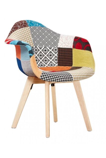 Life Interiors Single Patchwork Fabric Upholstered Accent Chair with Wooden Legs, Mid-Century Modern Armchair - image 1