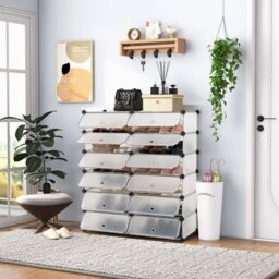 Costway 24 Pairs Portable Shoe Shelves 12-Cube Shoe Storage Cabinet with Removable Shelf in White - thumbnail 3