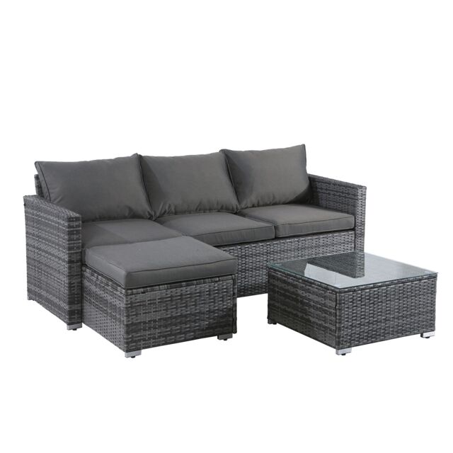 FURNITURE ONE Outdoor Rattan Corner Sofa, 3 Piece L-Shaped Patio Sofa Set with Glass Table in Grey - Size: 1 Pack