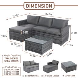 FURNITURE ONE Outdoor Rattan Corner Sofa, 3 Piece L-Shaped Patio Sofa Set with Glass Table in Grey - Size: 1 Pack - thumbnail 5