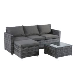 FURNITURE ONE Outdoor Rattan Corner Sofa, 3 Piece L-Shaped Patio Sofa Set with Glass Table in Grey - Size: 1 Pack - thumbnail 1