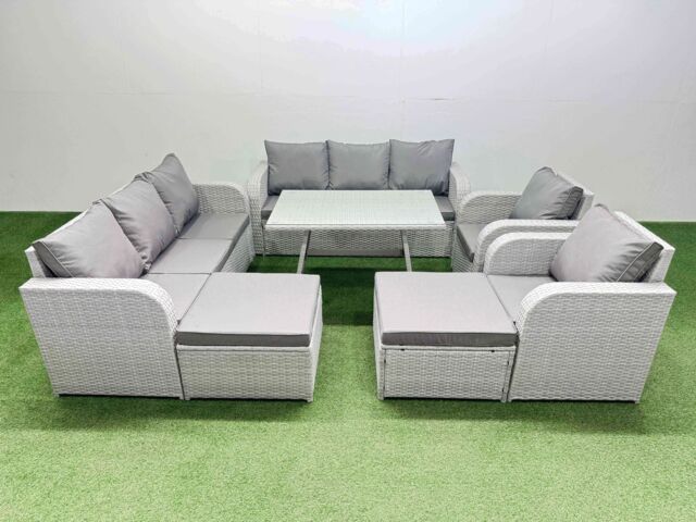 Fimous Rattan High Back Lounge Sofa Set with Reclining Chairs 2 Big Stool in Light Grey - image 1