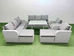 Fimous Rattan High Back Lounge Sofa Set with Reclining Chairs 2 Big Stool in Light Grey - thumbnail 1