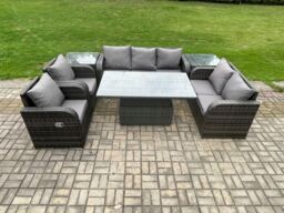 Fimous Rattan Outdoor Garden Furniture Sets Height Adjustable Rising lifting Dining Table Reclining Chair Sofa Set Dark Grey - thumbnail 1