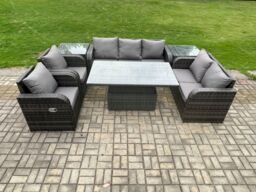 Fimous Rattan Outdoor Garden Furniture Sets Height Adjustable Rising lifting Dining Table Reclining Chair Sofa Set Dark Grey - thumbnail 2