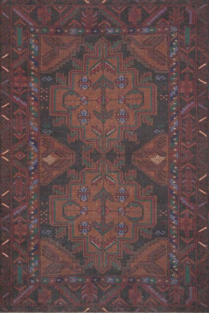 Kukoon Deep Red Distressed Tribal Geometric Non Slip Washable Low Pile Rug in Maroon - Size: 60 cm x 240 cm - image 1