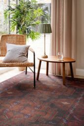 Kukoon Deep Red Distressed Tribal Geometric Non Slip Washable Low Pile Rug in Maroon - Size: 60 cm x 240 cm - thumbnail 2