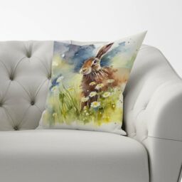 Warren Reed - Designer Hare & Daisies Watercolour Cushions in Brown - Size: 60 cm x 60 cm - thumbnail 2