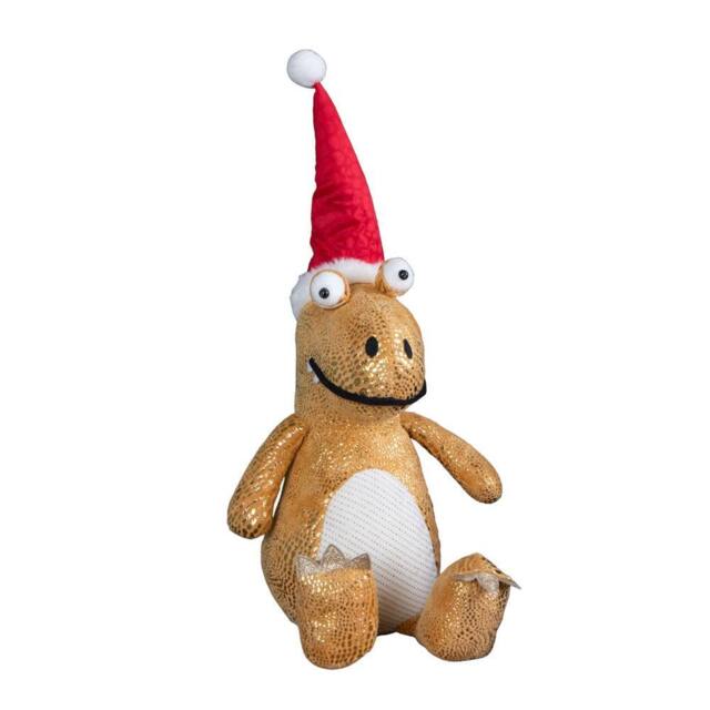Samuel Alexander 60cm Tall Gold Plush Zilla Dino Sitting Decoration with Santa Hat - image 1