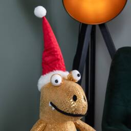 Samuel Alexander 60cm Tall Gold Plush Zilla Dino Sitting Decoration with Santa Hat - thumbnail 4