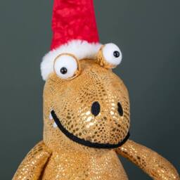 Samuel Alexander 60cm Tall Gold Plush Zilla Dino Sitting Decoration with Santa Hat - thumbnail 5
