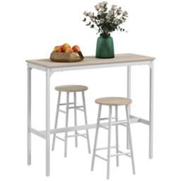 HOMCOM 3 Piece Bar Set, Industrial Kitchen & Chair Set Oak in White - thumbnail 2