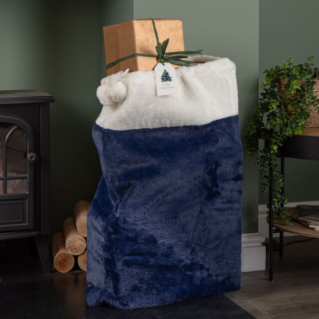 Samuel Alexander Blue Soft Plush Christmas Sack with White Faux Fur Trim & Pom Poms - image 1