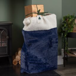 Samuel Alexander Blue Soft Plush Christmas Sack with White Faux Fur Trim & Pom Poms - thumbnail 1