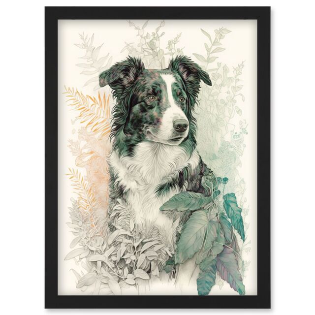 Artery8 Border Collie Dog in Field Modern Colour Pencil Portrait Illustration Artwork Framed Wall Art Print A4 in Black - image 1