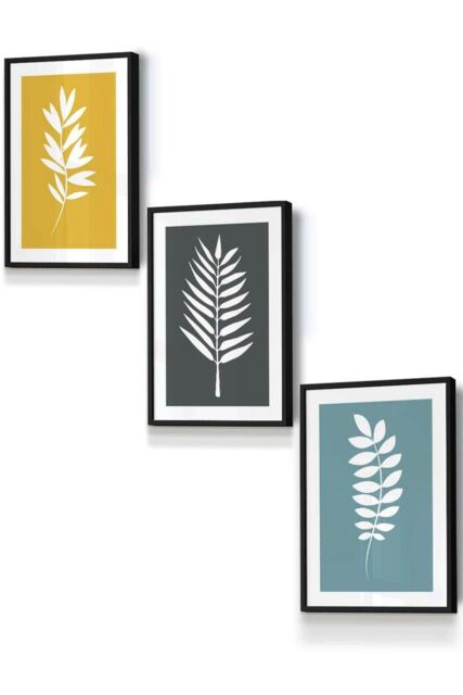 ARTZE Framed Yellow, Grey, Blue Graphical Leaves Framed Wall Art - Small in Black - Size: W33 cm x H45 cm x D20mm - image 1