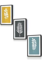 ARTZE Framed Yellow, Grey, Blue Graphical Leaves Framed Wall Art - Small in Black - Size: W33 cm x H45 cm x D20mm