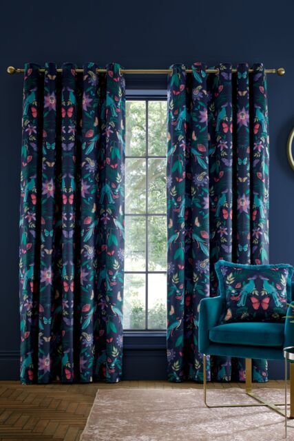 Catherine Lansfield 'Mya Tropical Floral' Lined Eyelet Curtains in Navy - Size: 168 cm width x 137 cm drop - image 1