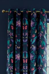 Catherine Lansfield 'Mya Tropical Floral' Lined Eyelet Curtains in Navy - Size: 168 cm width x 137 cm drop - thumbnail 3