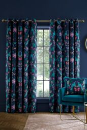Catherine Lansfield 'Mya Tropical Floral' Lined Eyelet Curtains in Navy - Size: 168 cm width x 137 cm drop - thumbnail 1