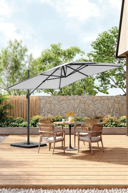 Living and Home 3M Large Square Canopy Rotatable Tilting Garden Rome Umbrella Cantilever Parasol with Square Fillable Base, Light Grey - image 1