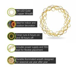 Pegdev 30cm Christmas Door Wreath with Lights 140 LED Copper Gold with Timer - thumbnail 2