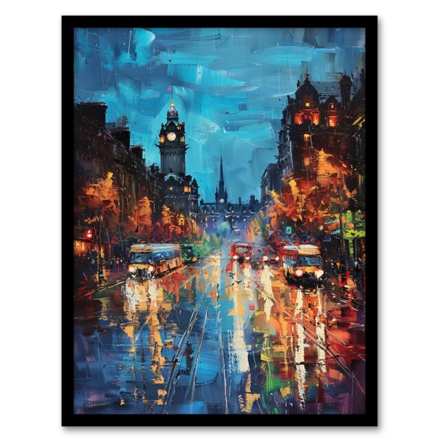 "Artery8 Edinburgh Princes Street Cityscape Painting Framed Art Print in Blue - Size: W12"" x H16""" - image 1