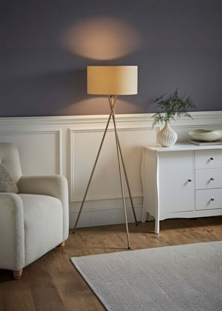 ValueLights Camden Brushed Chrome Tripod Floor Lamp with Drum Lamp Shade & Bulb in Natural - image 1