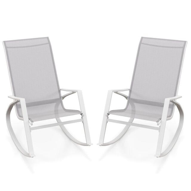 Costway 2 Pieces Patio Rocking Chairs Outdoor Sling Fabric Rockers with Backrest in Grey - image 1