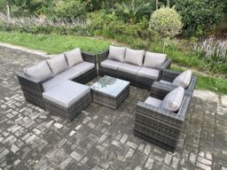 Fimous Outdoor Rattan Garden Furniture Set 9 Seater Patio Lounge Sofa Set with Armchair Square Coffee Table Big Footstool Dark Grey Mixed - thumbnail 2