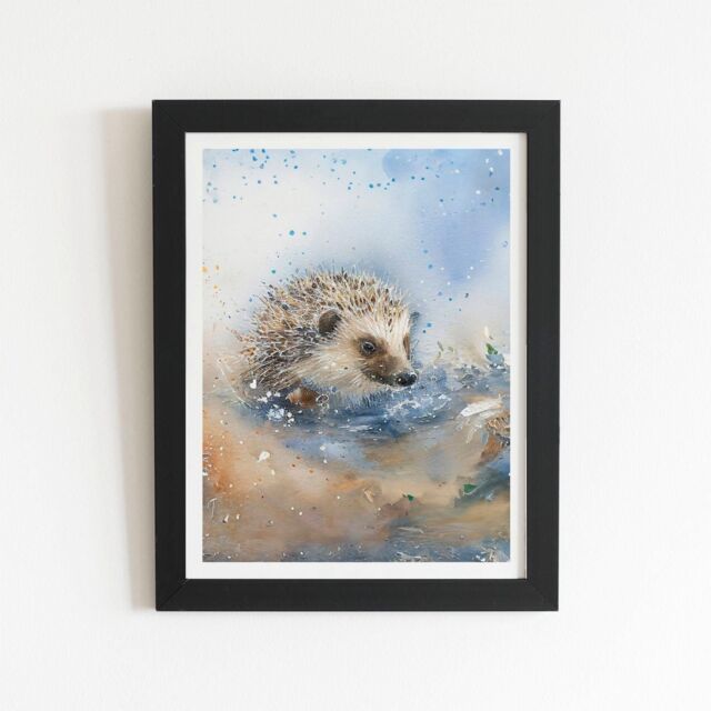 "Warren Reed - Designer Hedgehog Watercolour Framed Art Print in Black - Size: W8"" x H10""" - image 1