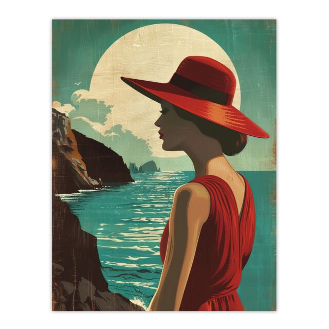 "Artery8 Elegant Woman Italian Coast Travel Vintage Style Wall Art Print in Blue - Size: W24"" x H32""" - image 1