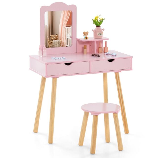 Costway 2-in-1 Toddler Vanity Makeup Dressing Table & Chair Set W/ Mirror & Drawers in Pink - image 1