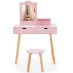 Costway 2-in-1 Toddler Vanity Makeup Dressing Table & Chair Set W/ Mirror & Drawers in Pink - thumbnail 5
