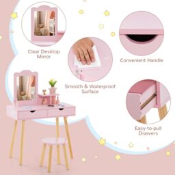 Costway 2-in-1 Toddler Vanity Makeup Dressing Table & Chair Set W/ Mirror & Drawers in Pink - thumbnail 6
