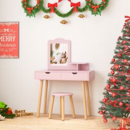 Costway 2-in-1 Toddler Vanity Makeup Dressing Table & Chair Set W/ Mirror & Drawers in Pink - thumbnail 4