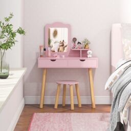 Costway 2-in-1 Toddler Vanity Makeup Dressing Table & Chair Set W/ Mirror & Drawers in Pink - thumbnail 3
