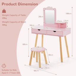 Costway 2-in-1 Toddler Vanity Makeup Dressing Table & Chair Set W/ Mirror & Drawers in Pink - thumbnail 2