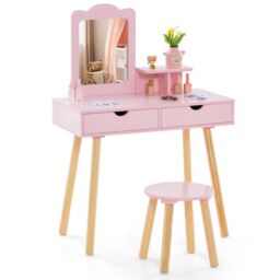 Costway 2-in-1 Toddler Vanity Makeup Dressing Table & Chair Set W/ Mirror & Drawers in Pink