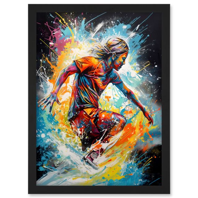 Artery8 Surfer Surfing on Splatter Paint Crashing Waves Artwork Framed Wall Art Print A4 in Black - image 1