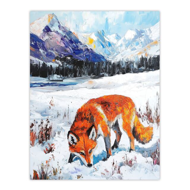 "Artery8 Red Fox in Snowy Mountain Winter Landscape Wall Art Print in Orange - Size: W24"" x H32""" - image 1