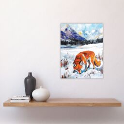 "Artery8 Red Fox in Snowy Mountain Winter Landscape Wall Art Print in Orange - Size: W24"" x H32""" - thumbnail 4